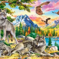 Famille de loups et Aigles