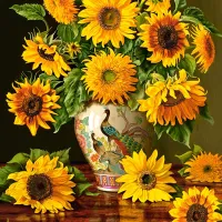 Tournesols dans un Vase en Forme de Paon