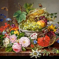 Nature Morte avec Fleurs et Corbeille de Fruits