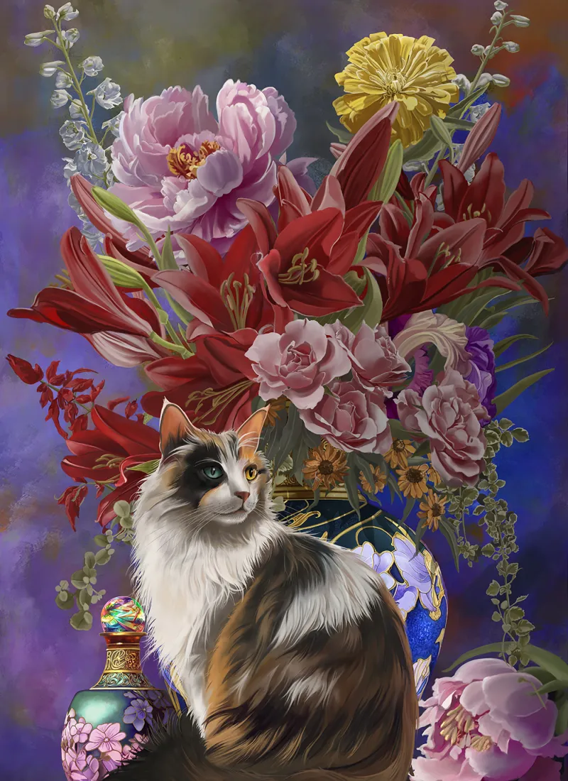 Pièces XXL - Chat et Fleurs Asiatiques
