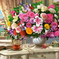 Fleurs d'Été et Tasse de Thé
