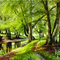 Peder Mørk Mønsted - A Summer Day in the Forest with Deer in the Background