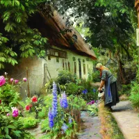 Peder Mørk Mønsted - An Old Woman Watering the Flowers Behind a Thatched Farmhouse