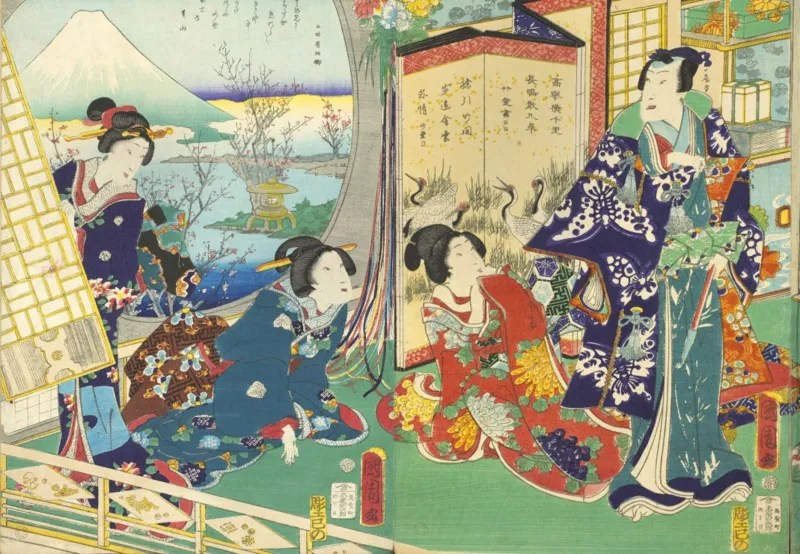 Utagawa Kunichika - Le prince Genji en Visite dans une Demeure Donnant sur le Mont Fuji
