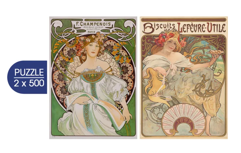 2 Puzzles - L'Art de Mucha : Rêverie, 1898 - Biscuits Lefèvre-Utile, 1896
