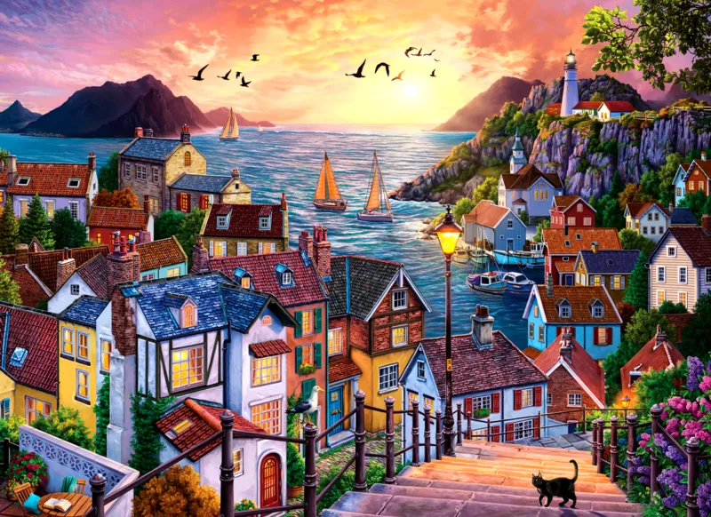Coastal Town At Sunset