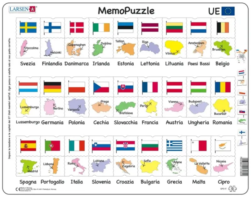Puzzle Cadre - MemoPuzzle - Noms, Drapeaux et Capitales des 27 Pays Membres de l'UE (Italien)
