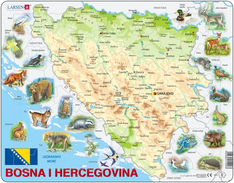 Puzzle Cadre - Carte de Bosnie Herzégovine avec ses Animaux (en langue Bosniaque)