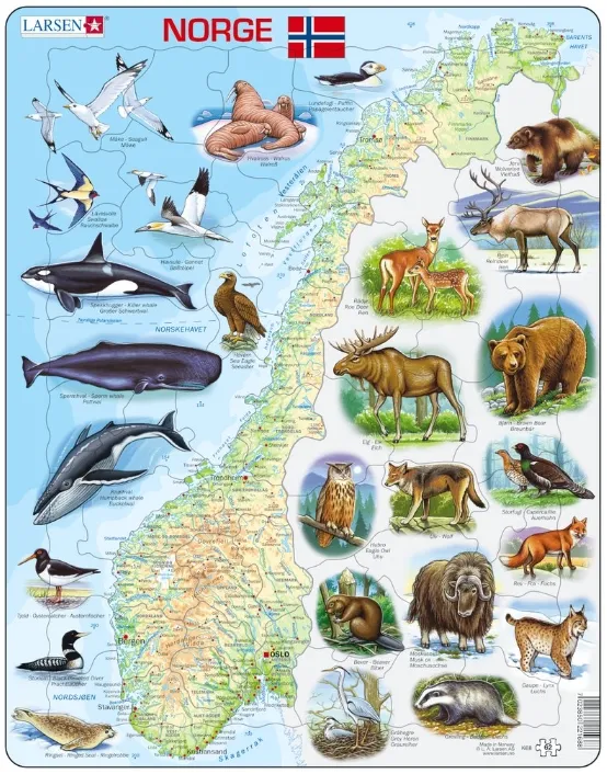 Puzzle Cadre - Carte de la Norvège avec ses Animaux (en Norvégien)