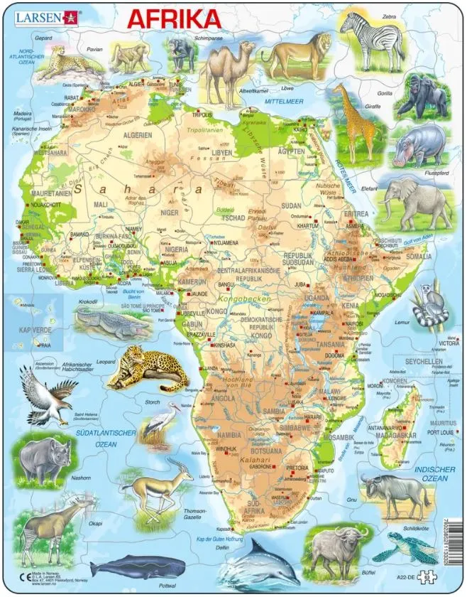 Puzzle Cadre - Carte de l'Afrique et ses Animaux (en Allemand)