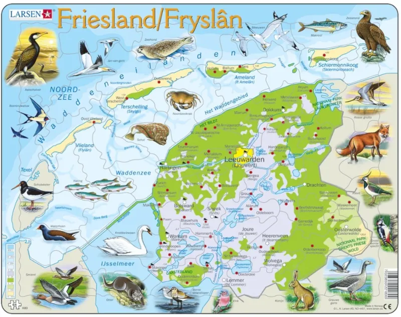 Puzzle Cadre - Carte de la Province de Friesland, Pays-Bas et ses Animaux (en Hollandais)