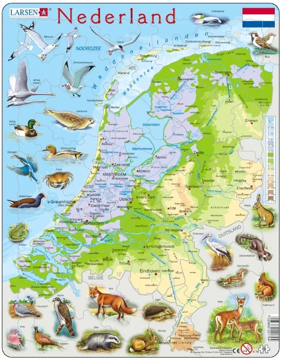 Puzzle Cadre - Carte des Pays-Bas et ses Animaux (en Hollandais)