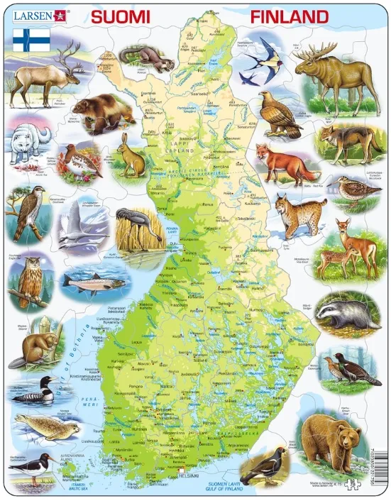 Puzzle Cadre - Carte de la Finlande et ses Animaux (en Finnois)