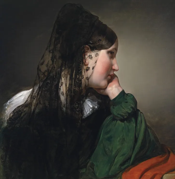 Friedrich von Amerling : Jeune Fille de Profil avec une Mantille Noire, 1887