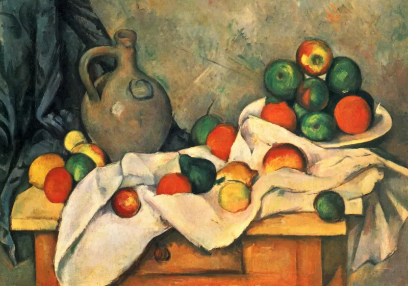 Paul Cézanne : Rideau, Cruche et un Bol de Fruits, 1893-1894