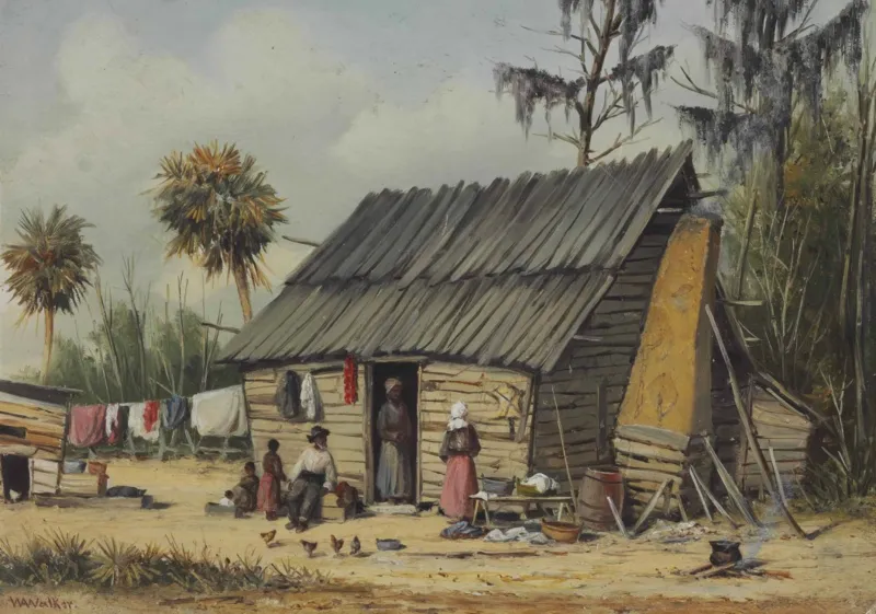 William Aiken Walker : A Cabin Scene with Washing on Fence