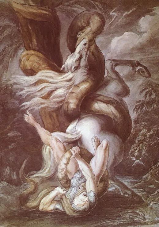 Henry Fuseli : Cavalier attaqué par un Serpent Géant, vers 1800