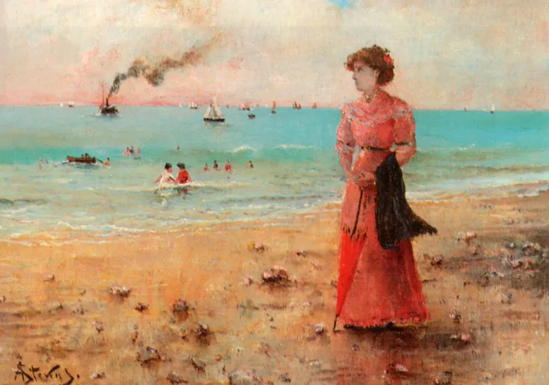 Alfred Stevens : Jeune Femme à l'Ombrelle Rouge au Bord de la Mer, 1885