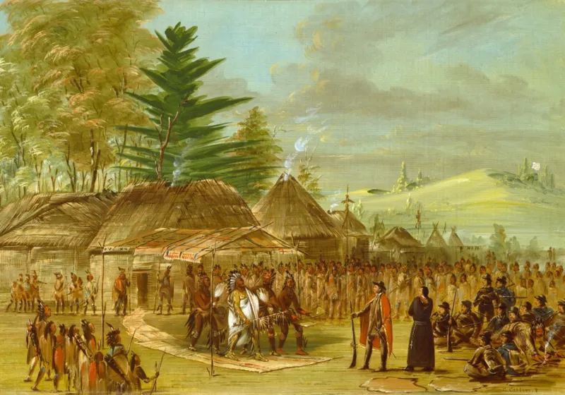 George Catlin : Chef des Indiens de Taensa recevant La Salle le 20 mars 1682, 1847-1848