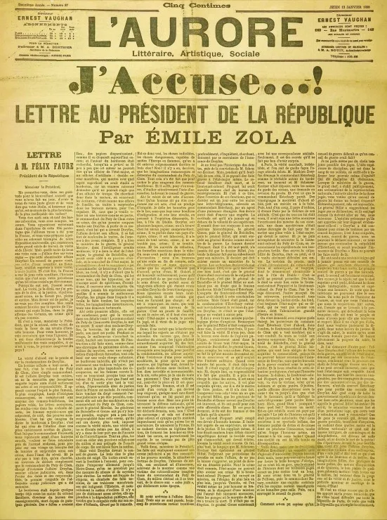Une de l'Aurore du 13 Janvier 1898 - Emile Zola : J'accuse...!
