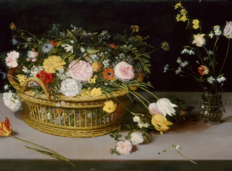 Jan Brueghel - Flowers in a Basket and a Vase, 1615