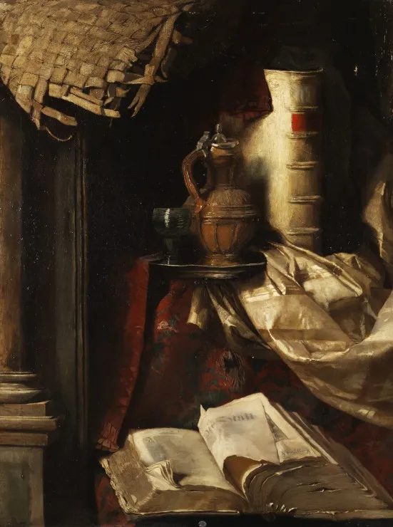 Hermann von Kaulbach : Stilleben mit alten Buechern Krug und Weinglas, 1865