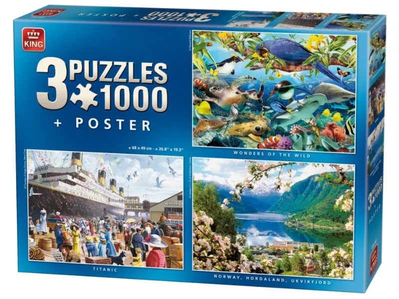 3 Puzzles 1000 Pièces : Animaux Marins, Fjord de Norvège, Titanic