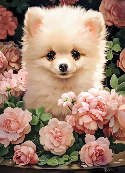 Chiot Spitz Nain dans les Roses