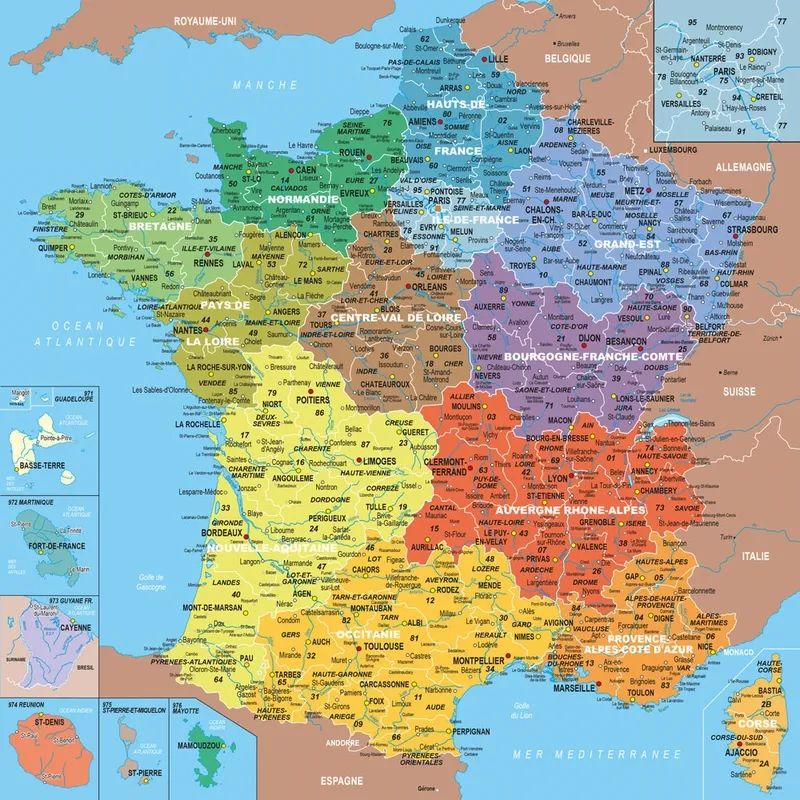 Puzzle en Bois Découpé à la Main - Carte De France Avec Nouvelles Régions, 1 Département = 1 Pièce D