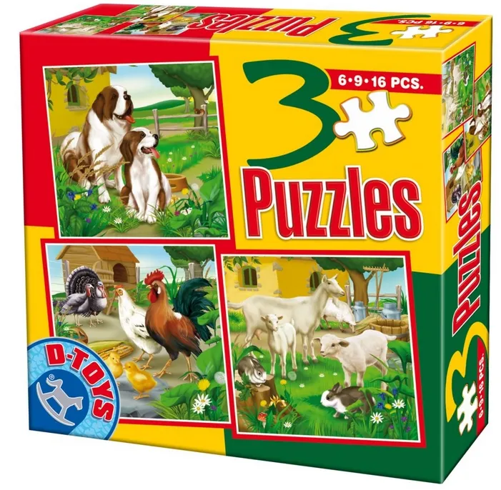 3 Puzzles - Chiens, coqs, poules, moutons et lapins