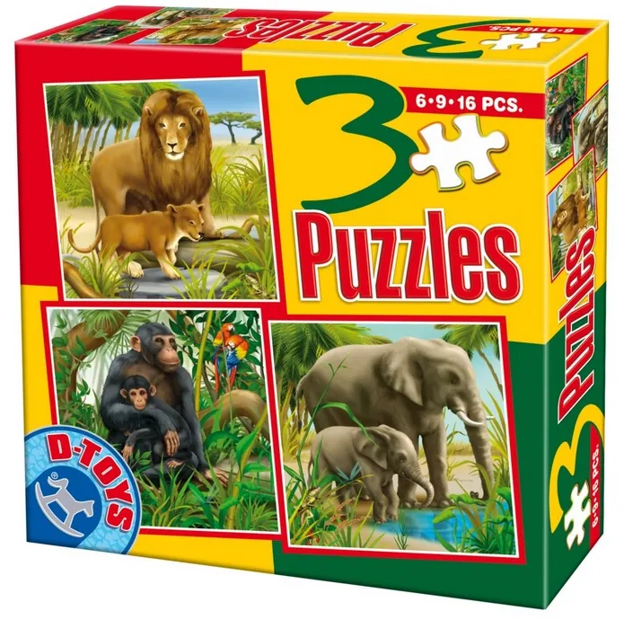 3 Puzzles - Lions, singes et éléphants