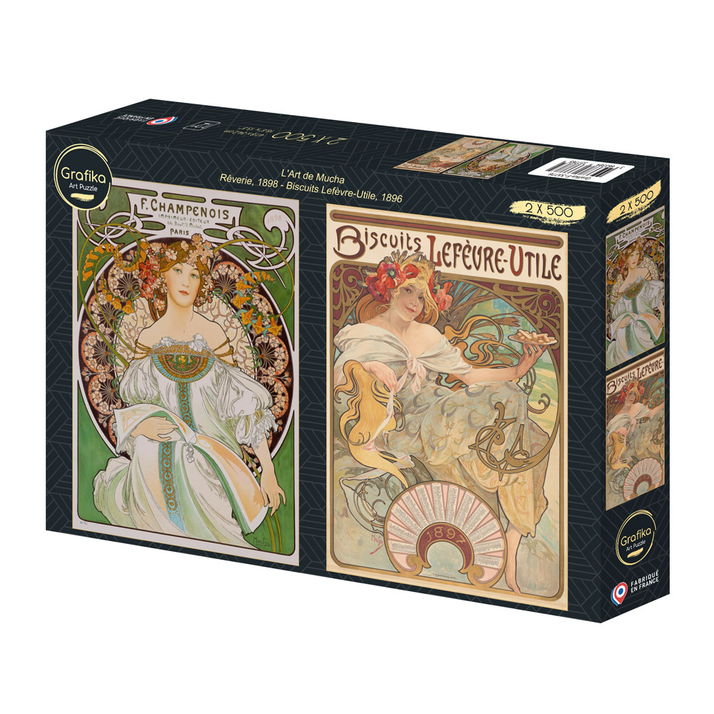 2 Puzzles - L'Art de Mucha : Rêverie, 1898 - Biscuits Lefèvre-Utile, 1896