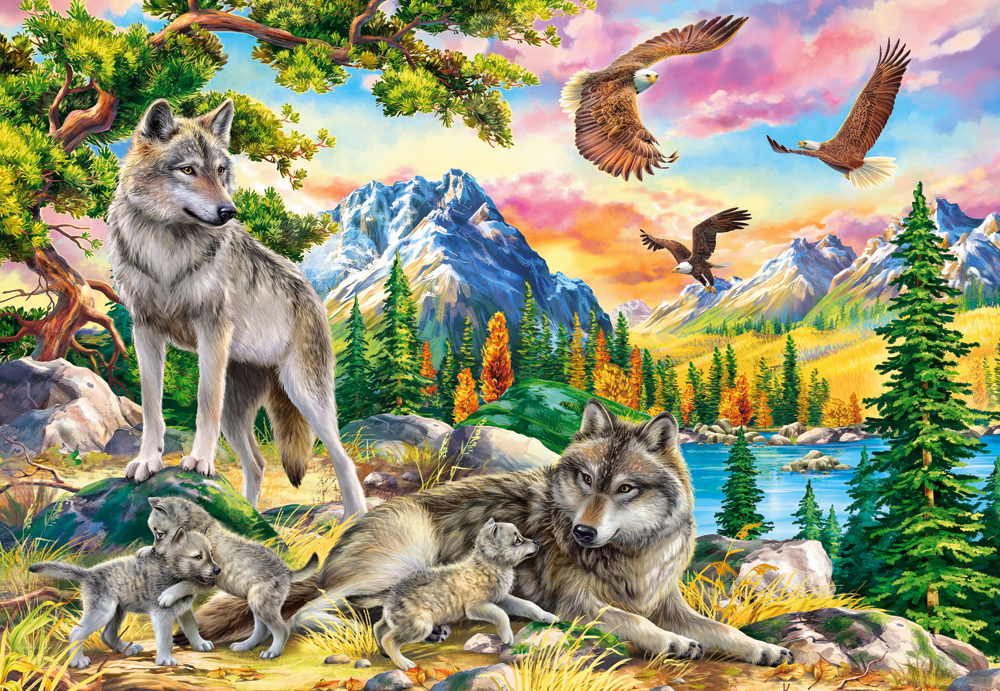 Famille de loups et Aigles