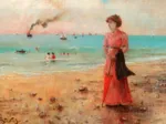 Alfred Stevens : Jeune Femme à l'Ombrelle Rouge au Bord de la Mer, 1885