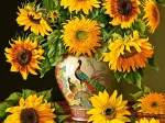 Tournesols dans un Vase en Forme de Paon