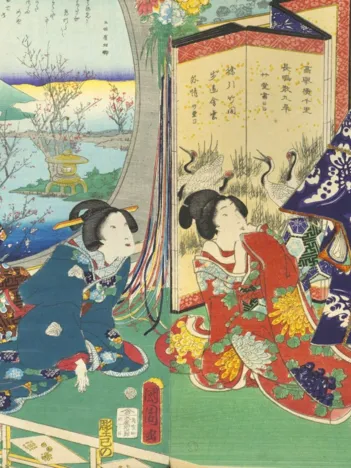 Produit Utagawa Kunichika - Le prince Genji en Visite dans une Demeure Donnant sur le Mont Fuji Image