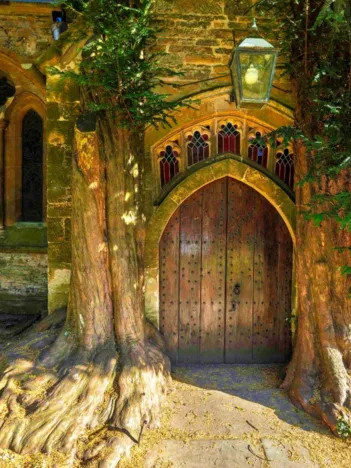 Produit St Edward's Parish Church north door flanked by yew trees Image
