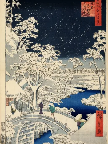 Produit Utagawa Hiroshige : Drum bridge at Meguro and Sunset Hill, 1857 Image