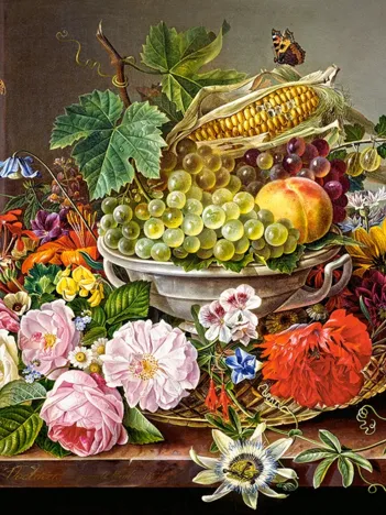Produit Nature Morte avec Fleurs et Corbeille de Fruits Image
