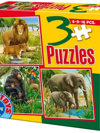 Produit 3 Puzzles - Lions, singes et éléphants Image